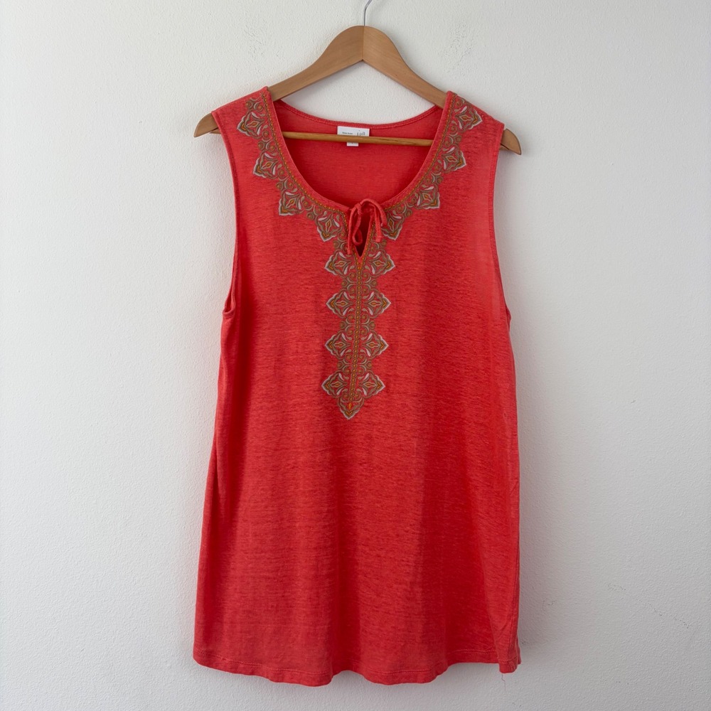 J. Jill Love Linen Coastal Grandma Boho Coral Orange Embroidered Sleeveless L